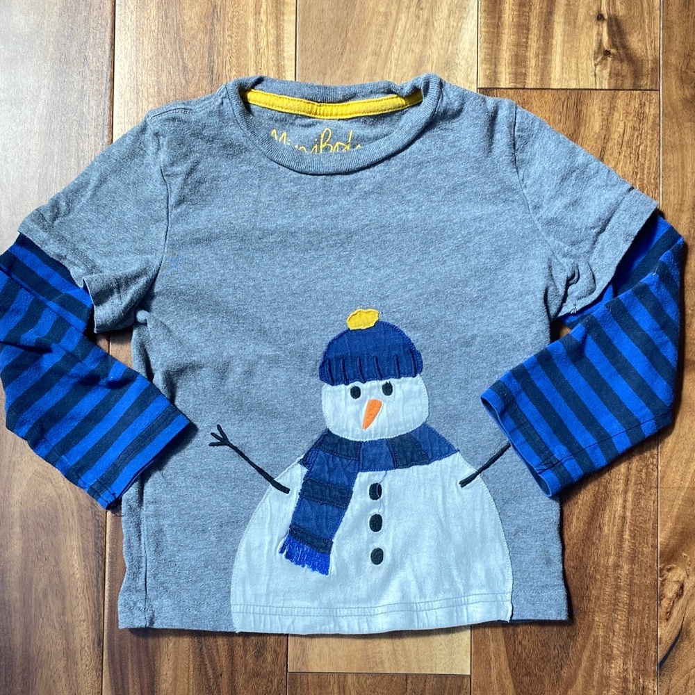 Mini Boden Gray and Blue Snowman Long Sleeve Tee